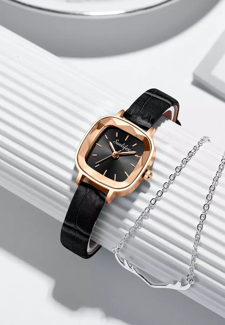 Jam Tangan Wanita 8003 Kuarsa Santai Anggun Jam Wanita Kecil Tali Kulit Jam Tangan Cewek black