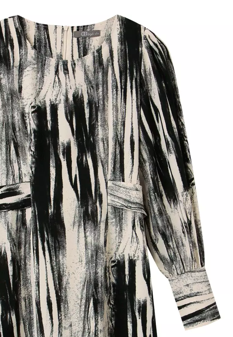 不易皺筆刷印花收腰綁帶長洋裝《DA9424》