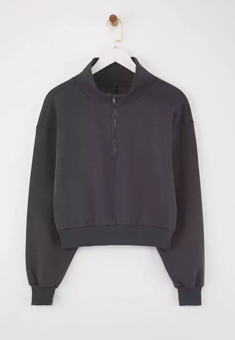 Anthracite Relaxed Cut Crop Zippered Stand Collar Thick Polar Fleece Knitted Sweatshirt
