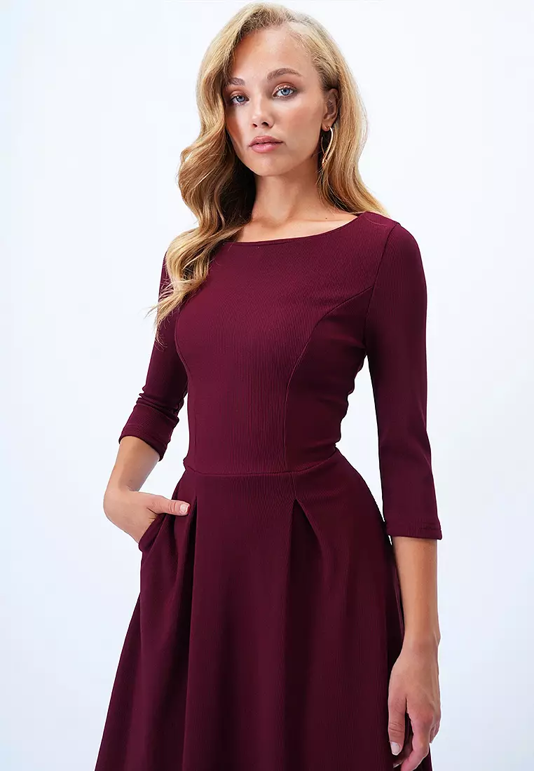 Boat Neck Flared Midi Dress