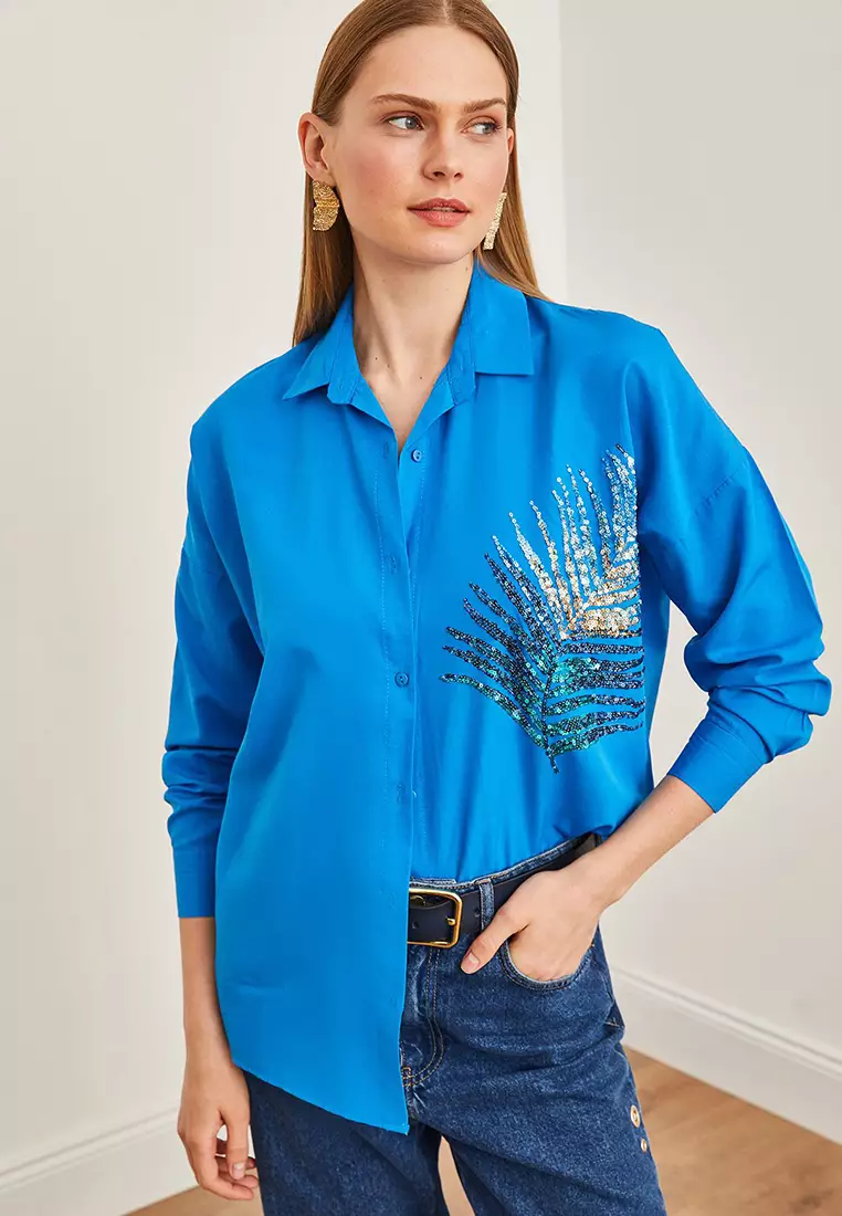 Palm Sequin Detailed Oversize Woven Poplin Shirt