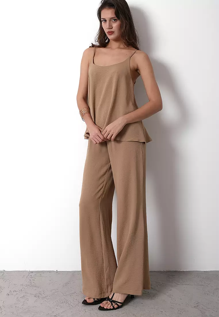 Brown Woven Strap Blouse Top Bottom Set