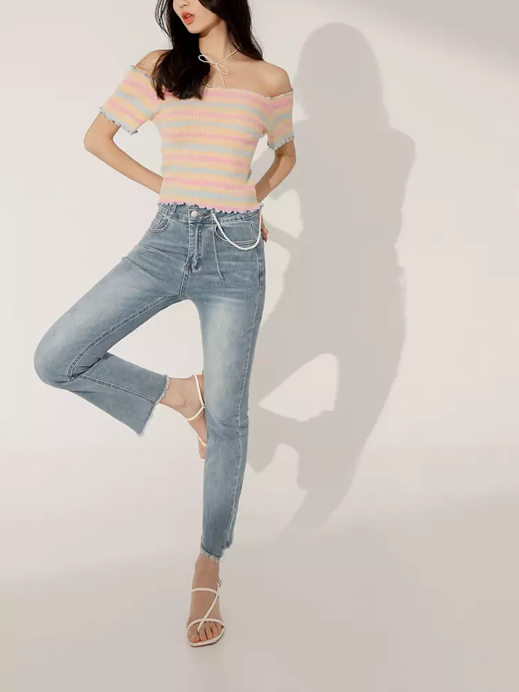 High-Waisted Frayed Hem Flare Pants (Short/Regular Length) [BA7081]