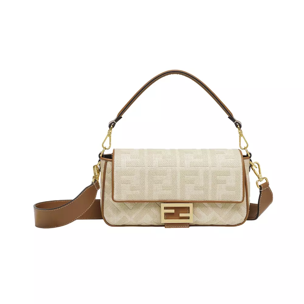 Fendi Medium Baguette FF Embroidery Natural Straw Bag Beige