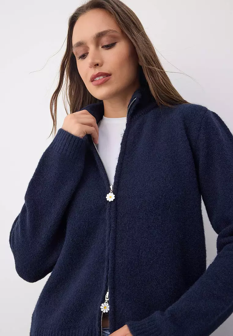 Wardrobe Essentials Navy Blue Wool Zippered Stand Collar Daisy Knit Cardigan |