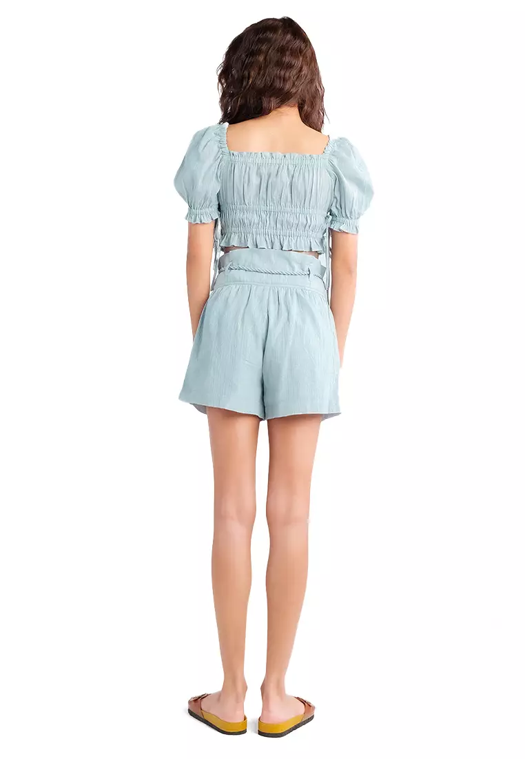 Puff Sleeves Top With Side Ribbons