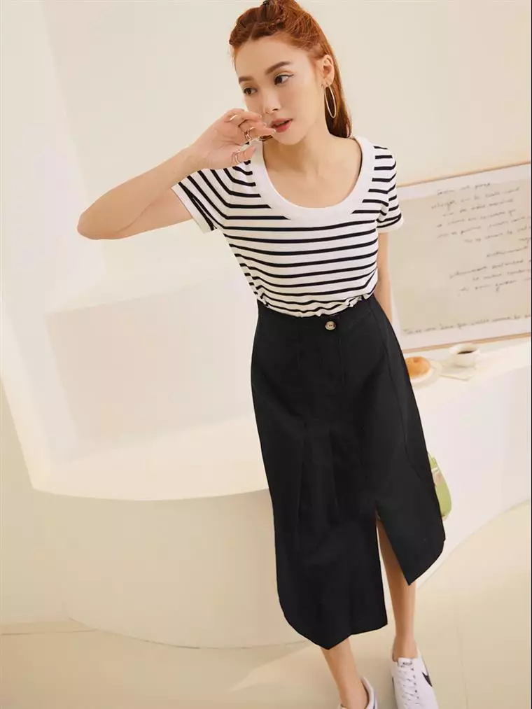 High cotton asymmetrical cut pleated elastic waist open slit A line skirt CA2743