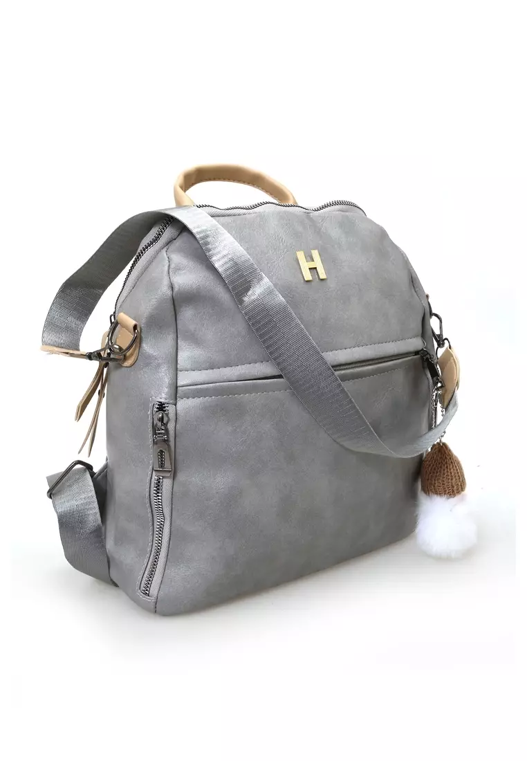 Afra Tas Ransel Wanita Large Compartment Backpack Desain Polos Material Leather ORIGINAL - Gray