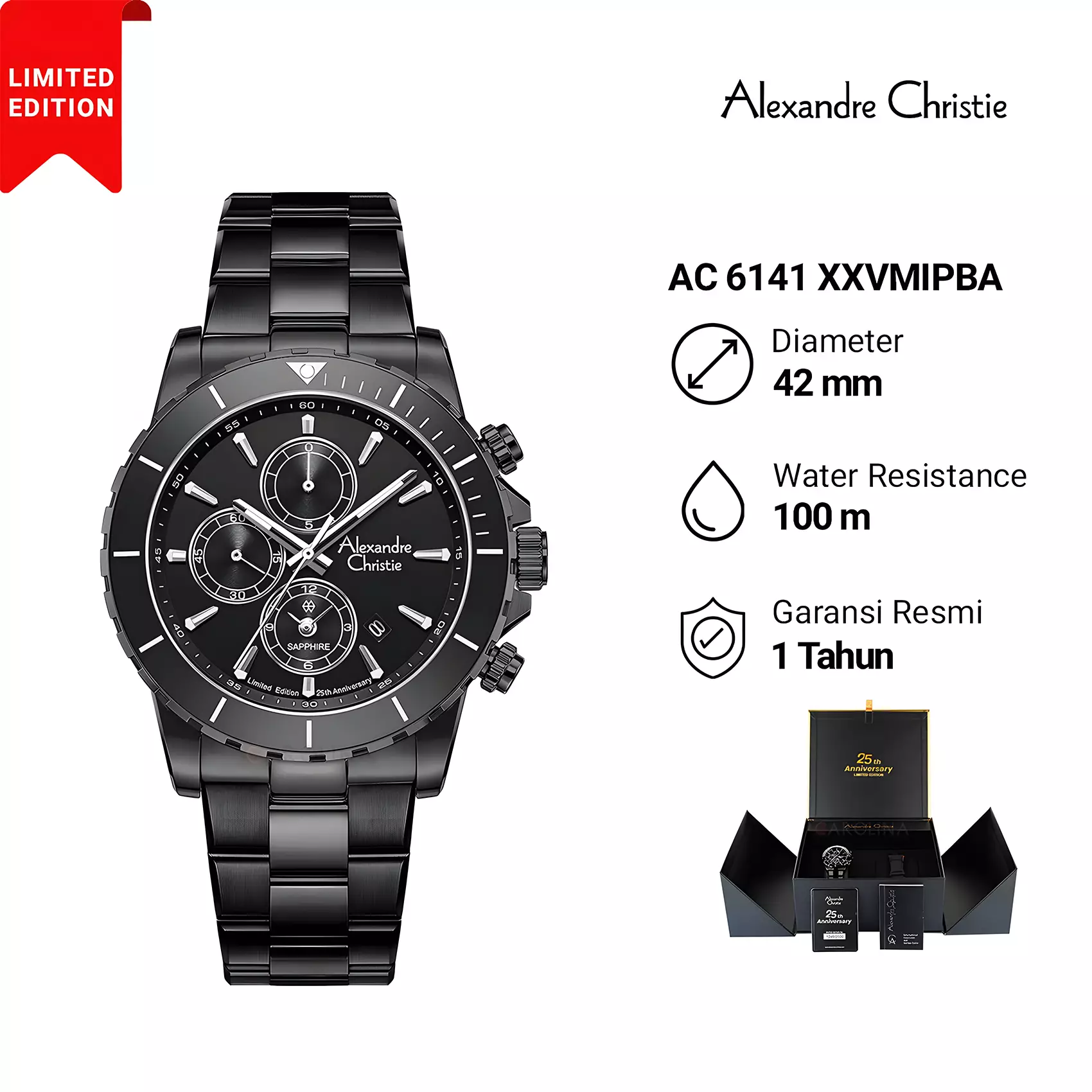 Alexandre Christie 25th ANNIVERSARY Limited Edition - Jam Tangan Chronograph Pria - IP Black - All Stainless Steel - 6141 XXVMIPBA