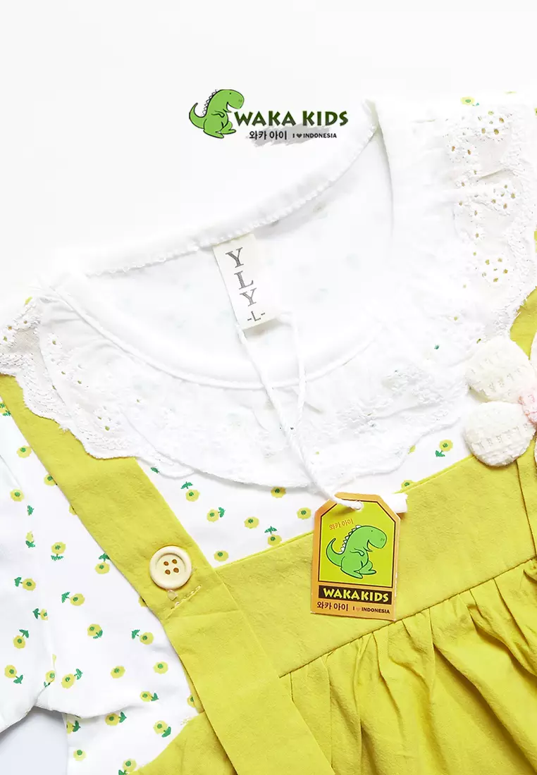 Wakakids Dress Bayi Anak Perempuan Lengan Pendek Katun Flowers Renda 4489 Venrc Akula Hijau