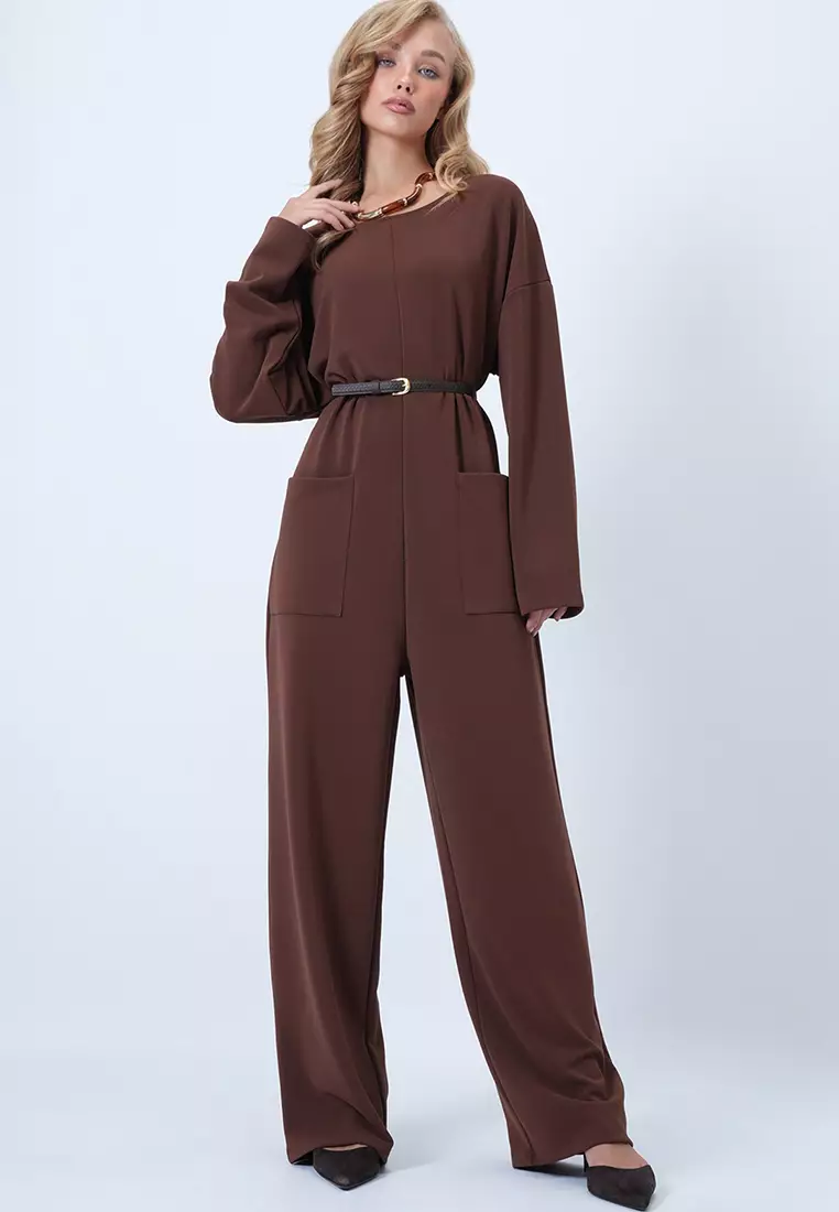 Crew Neck Back Zippered Relaxed Cut Jumpsuit