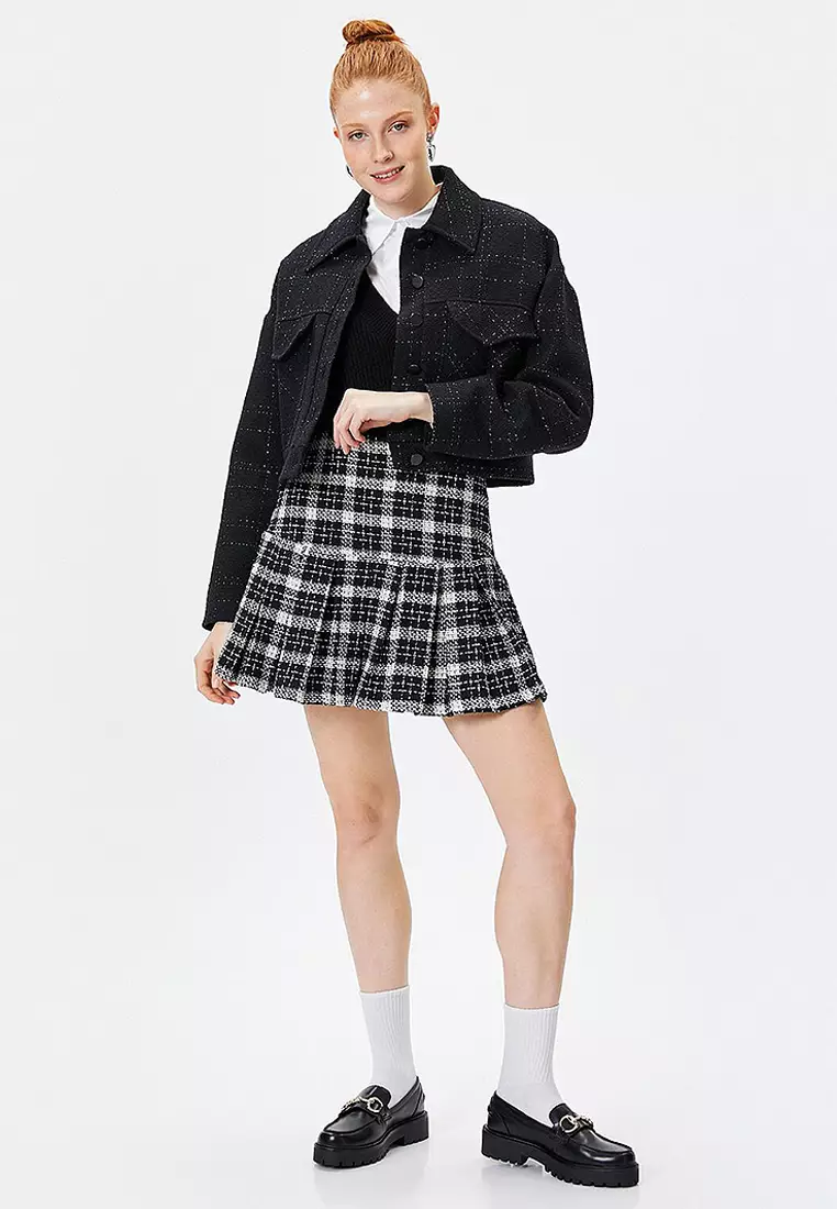 Tweed Pleated Mini Skirt Slim Fit