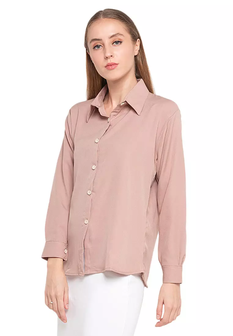 Oriel Kemeja Atasan Lengan Panjang Shirt Wanita Design Basic Polos Regular Fit - Cappucino