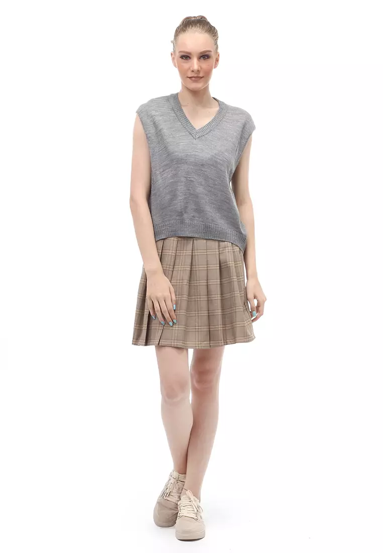 Vest Knit Atasan Wanita Sleeves Kerah V-neck Design Simple - Gray