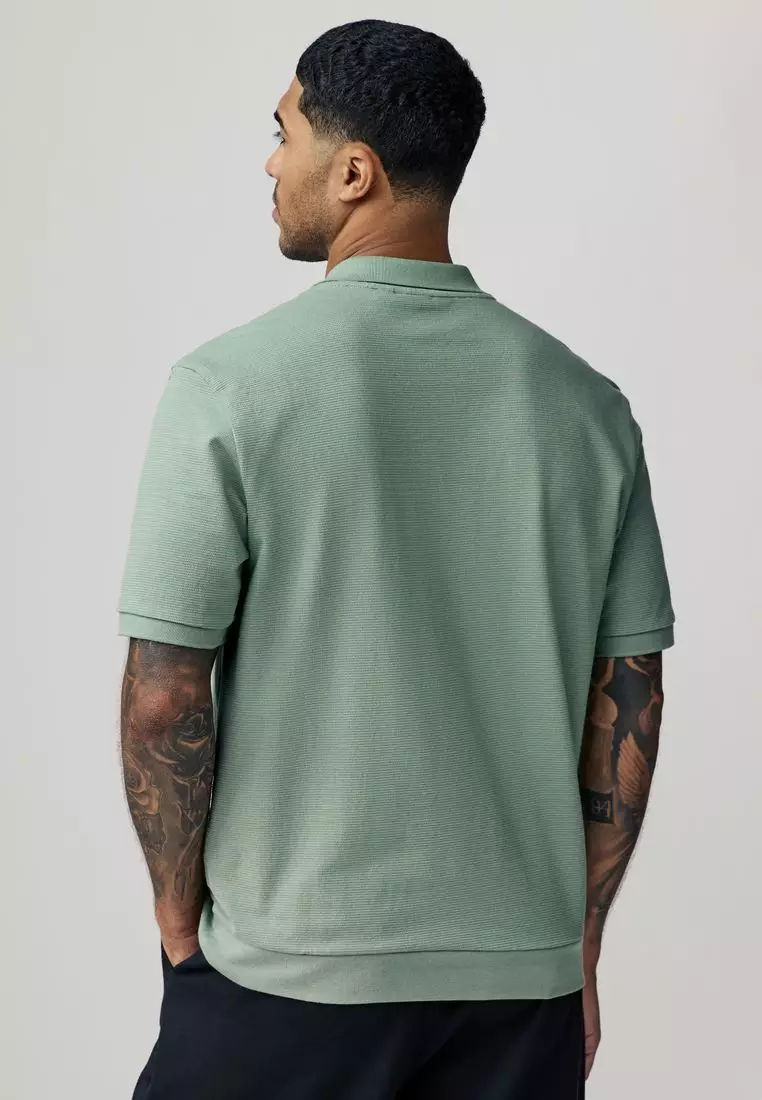 Textured Waffle Button Through 100% Cotton Polo Shirt