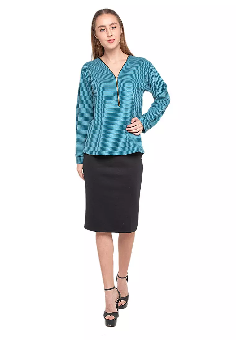 Joyce Blouse Long Sleeve Motif Solid Design Casual Atasan Wanita - Tosca
