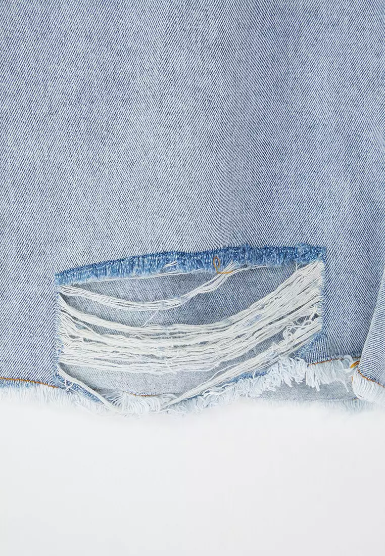 Blue Ripped High Waist Plus Size Denim Shorts TBBSS25AP00034