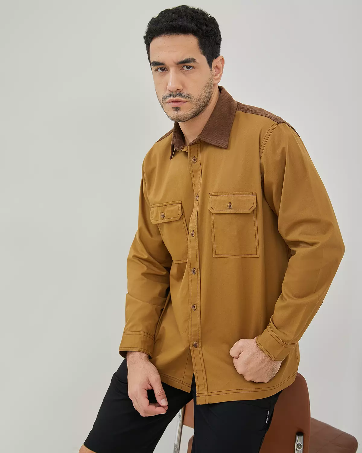 MEN'S LONG SLEEVE SHIRT WITH KHAKI BROWN PATTERN