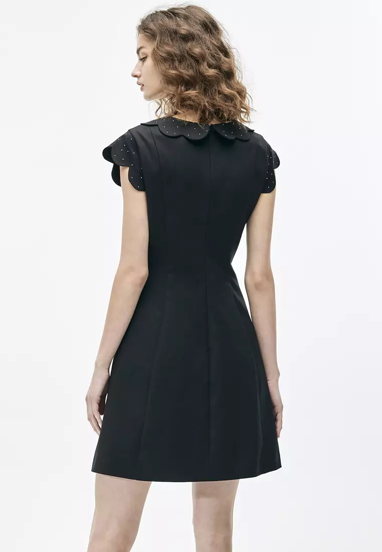 Black Scallop Sleeve A-Line Dress
