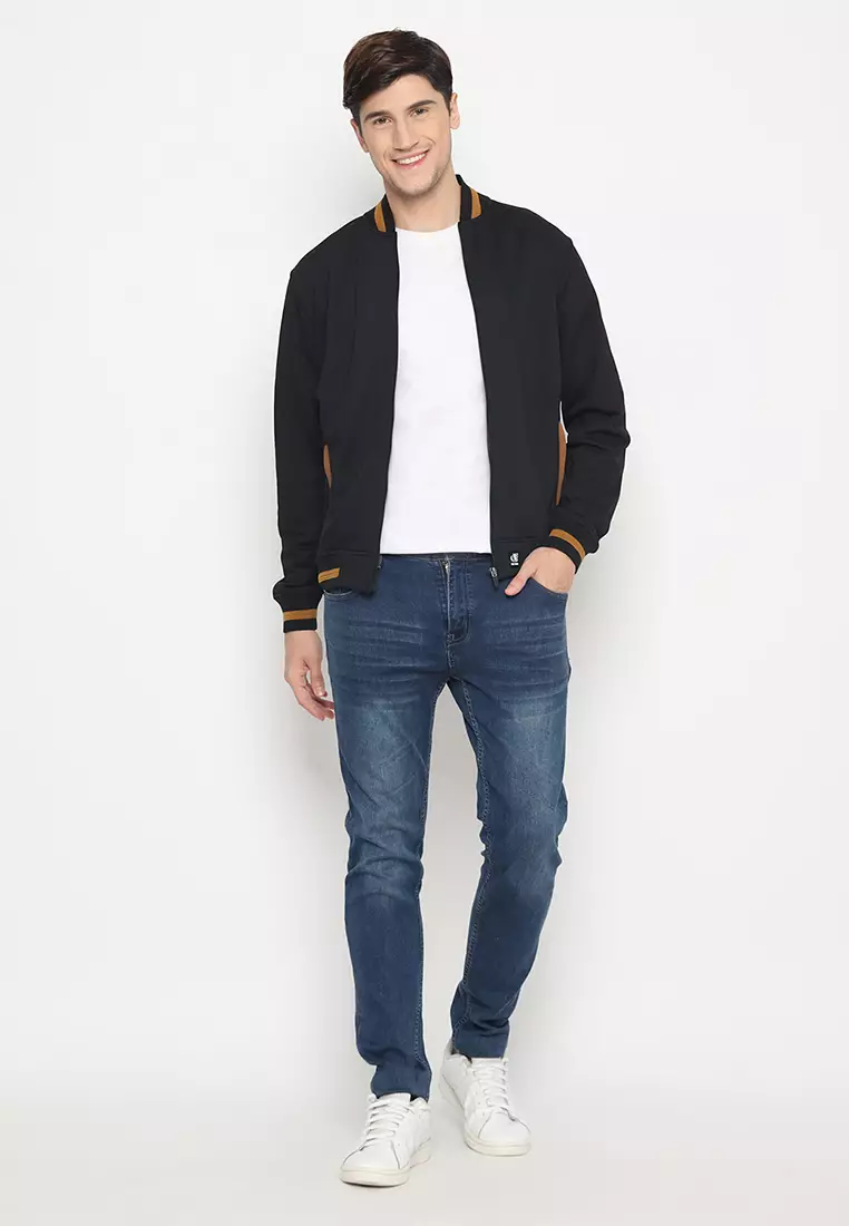 Jaket Bomber Pria - Black Cut & Sewn List Brown