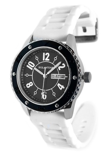 EGLANTINE 銀色 EGLANTINE® Vanessa 女士精鋼石英手錶黑色錶盤，白色橡膠錶帶 6D37BACFC5DFADGS_1