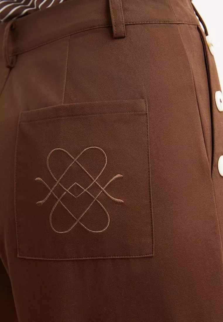 Wide Leg Cotton Twill Pants with Side Button Graphic Pockets - Brown