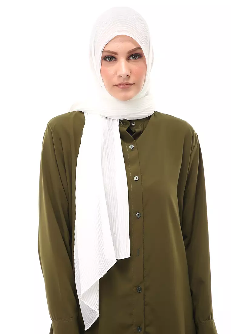 Melissa Pashmina Plisket Garis Hijab Wanita Relaxed Fit - Broken White