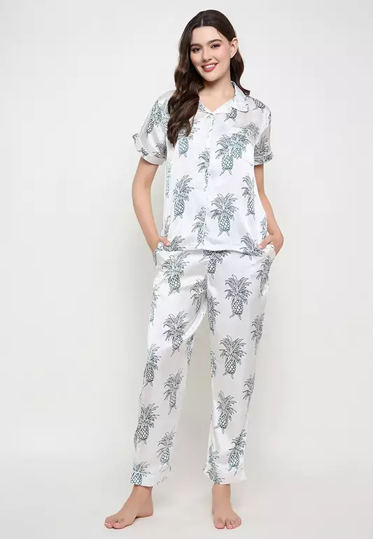 Clovia Fruit Print Button Down Shirt & Pyjama Set in White- Satin