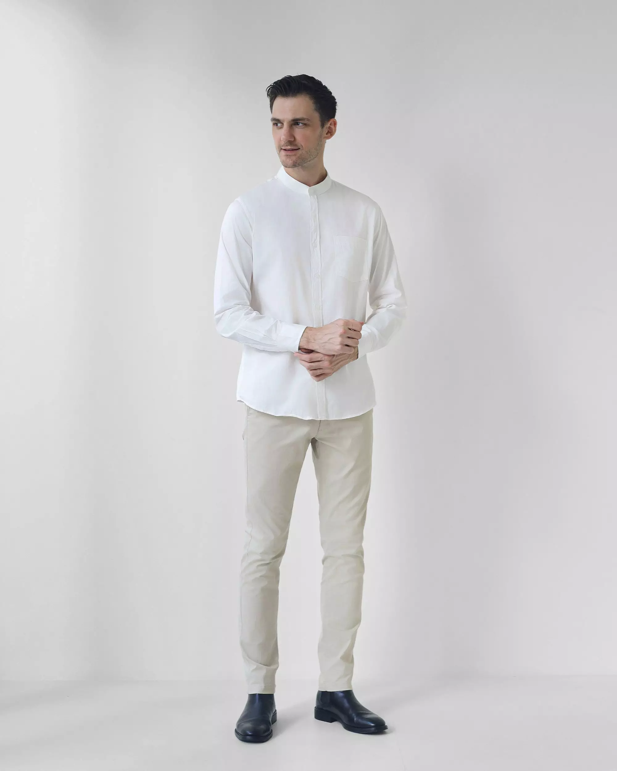Cotton Well Badr Stand Collar Shirt White | Kemeja Koko Lengan Panjang Putih