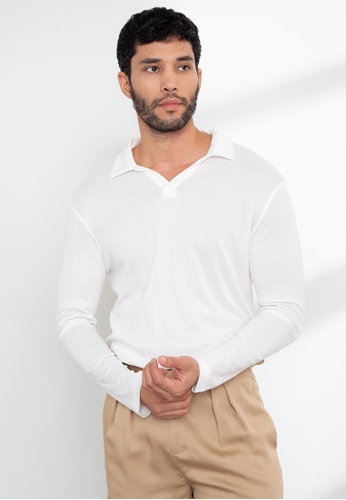 Origin by Zalora white Rib Long Sleeve Polo made from Tencel D33F3AAC79D740GS_1