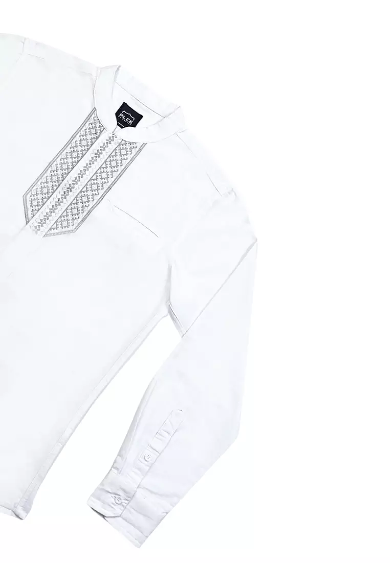 POLICE Kemeja Koko Bordir Cotton Slub Regular Fit Lengan Panjang Pria