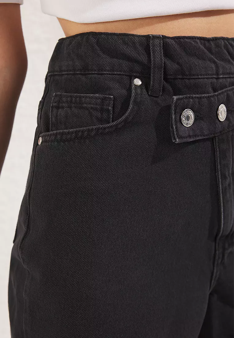 Black Ripped Double Breasted High Waist Denim Shorts