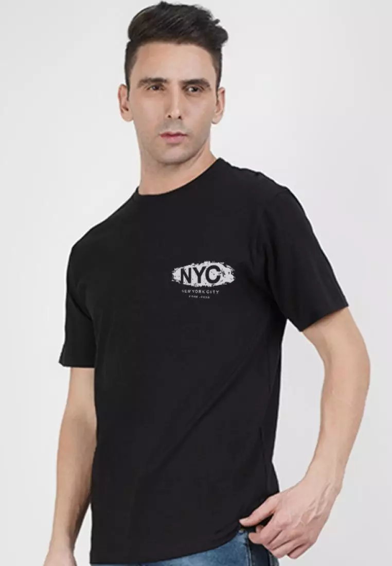 NYC 口袋印花黑色棉质短袖圆领休闲 T 恤