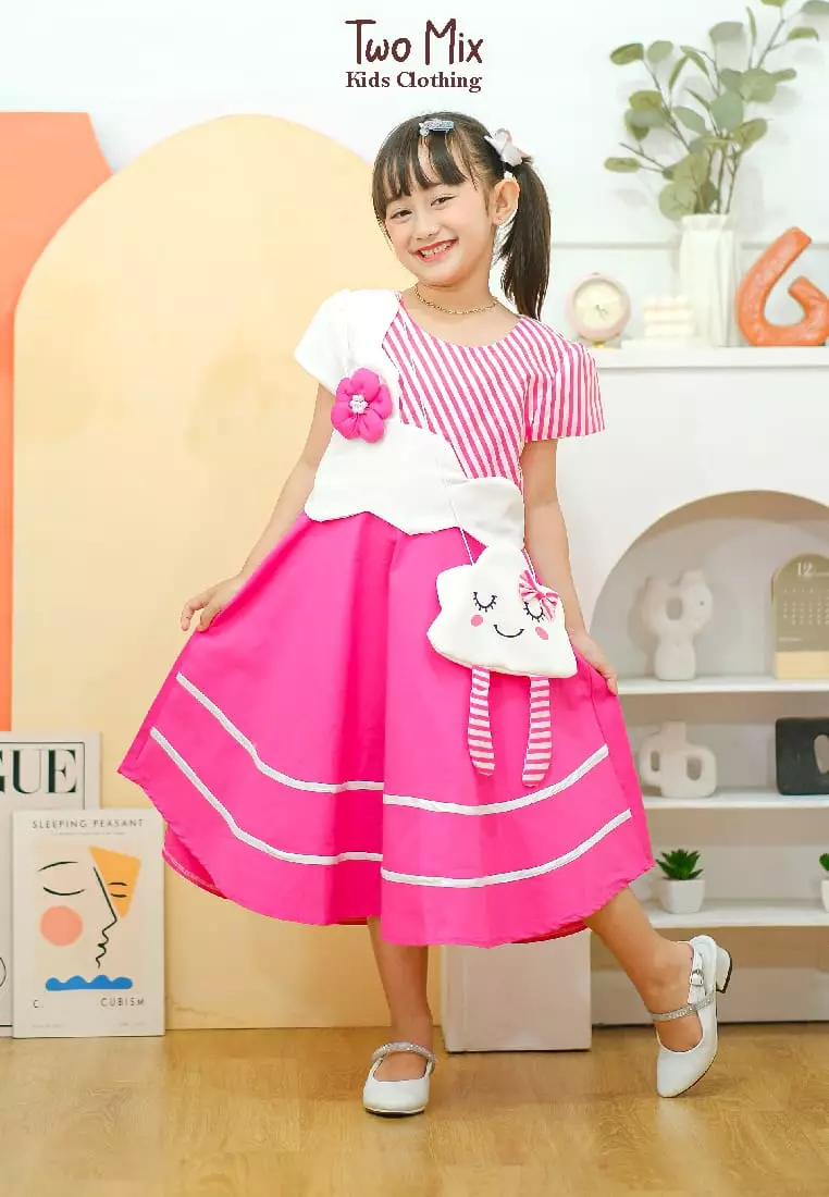 Two Mix Dress Anak Perempuan Bahan Kaos Scuba Motif Awan Lucu GRATIS Tas Lucu 4132