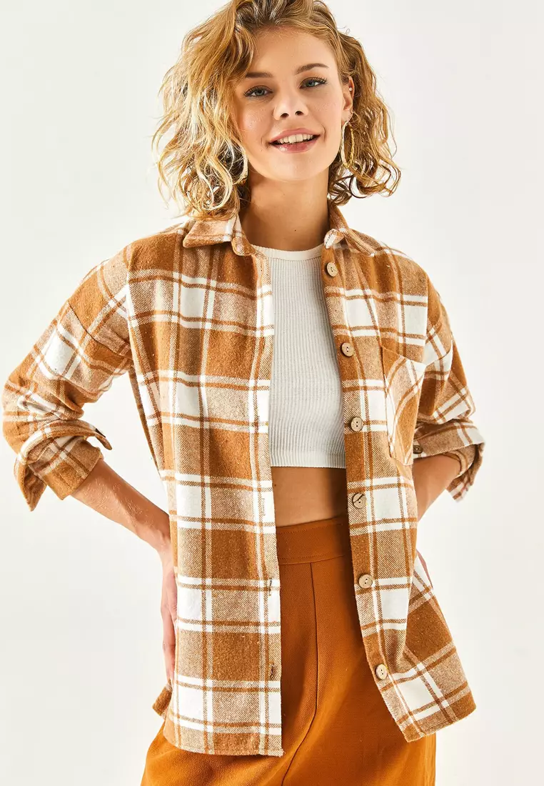 Beige One Pocket Thick Plaid Lumberjack Shirt