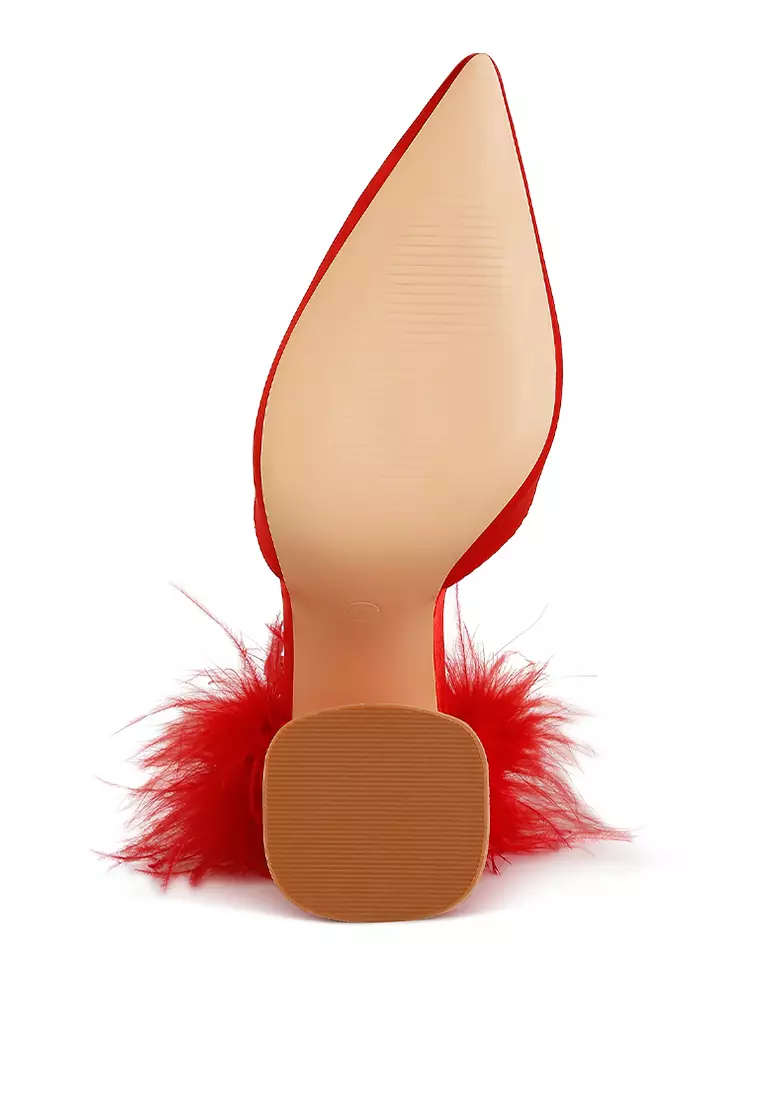 Red fluffy block heels on sale