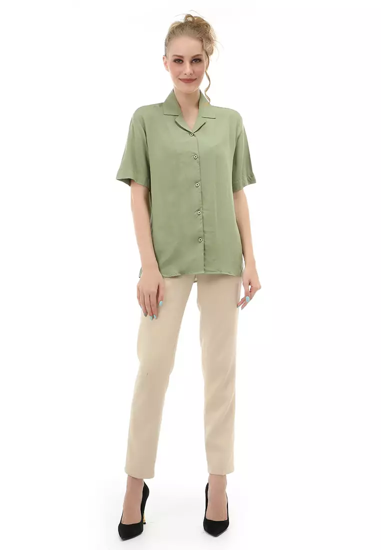 Holly Shirt Kemeja Basic Atasan Kasual Wanita Lengan Pendek Material Rayon ORIGINAL - Green