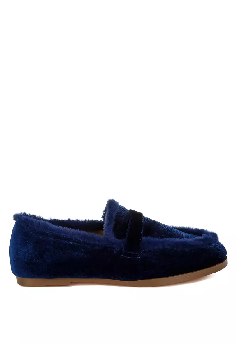Discount on Rag & CO.  shoes - SKU: Fur Detail Velvet Loafers in Dark Blue