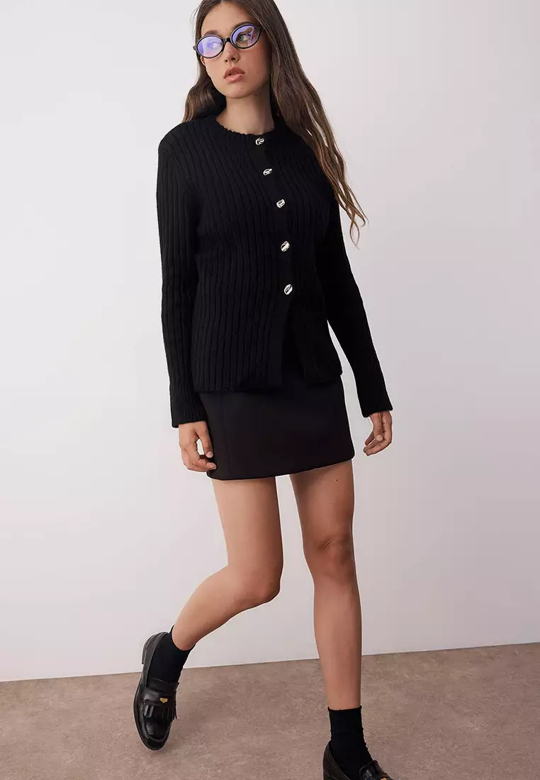 Black Button Detailed Soft Textured Slit Detailed Knitwear Cardigan Twoaw26Hi00096