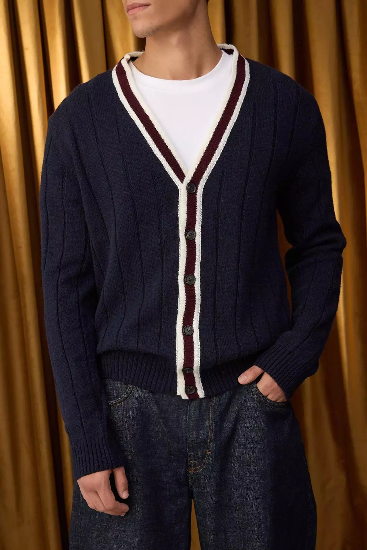 Special Collection Navy Blue Regular V-Neck Color Block Cardigan