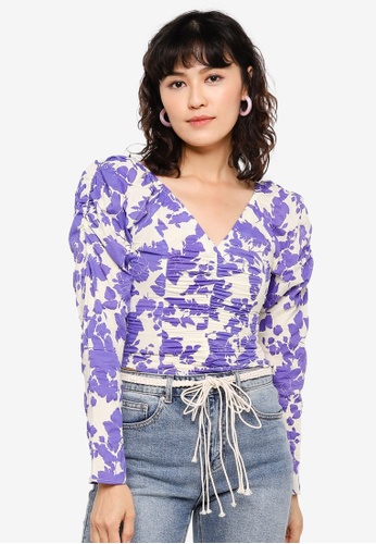 Urban Revivo purple Printed Ruched Cropped Top 74A47AAE6745C7GS_1
