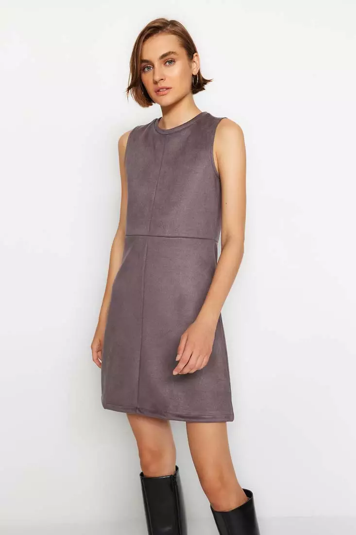 Smoked Crewneck Shift/Plain Mini Suede Knitted Dress