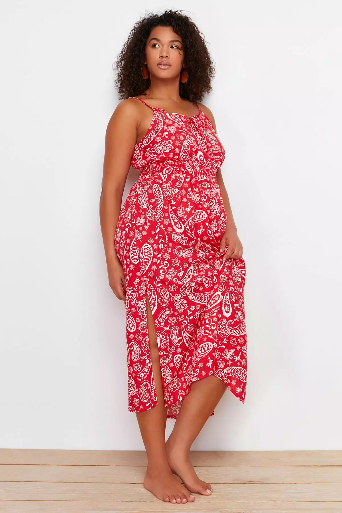 Plus Size Printed Elastic Waist Beach Dress