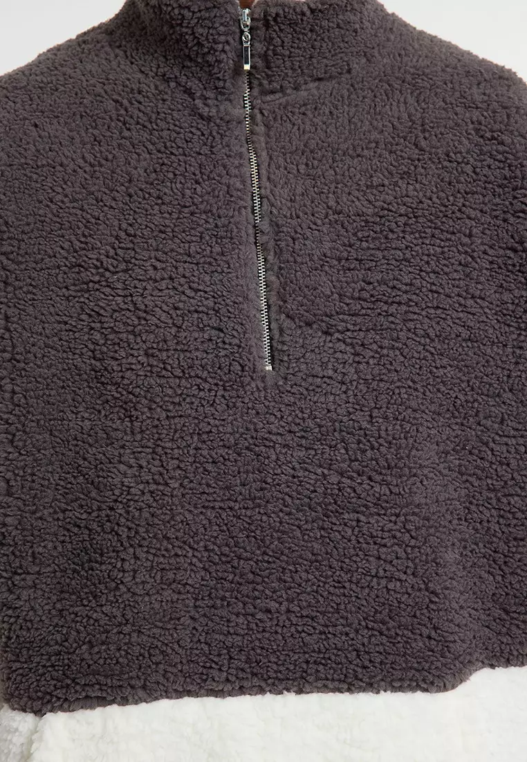 Smoke Unisex Oversize/Wide Cut Color Block Stand Collar Warm Plush Sweatshirt TMNAW25SW00148