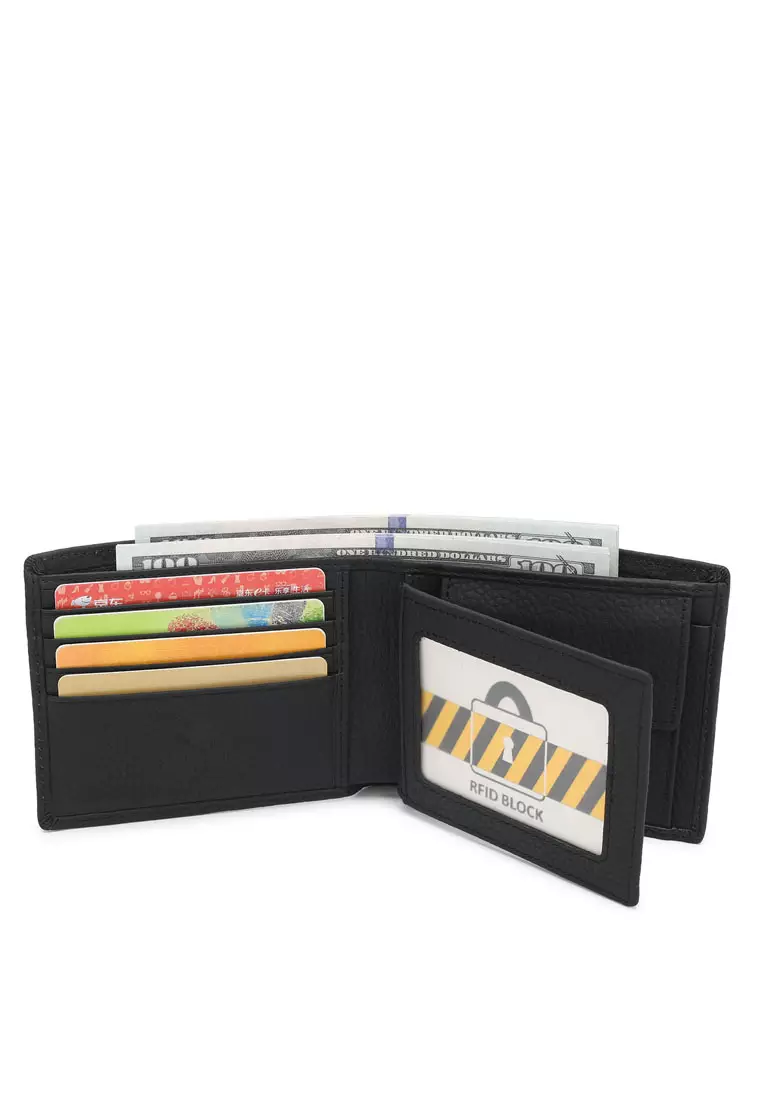 Men's Genuine Leather RFID Blocking Bi Fold Wallet - Black