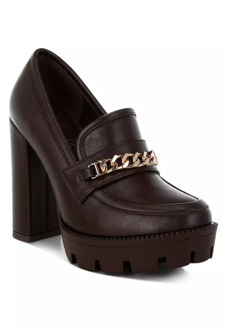Brown Chunky High Block Heeled Loafers