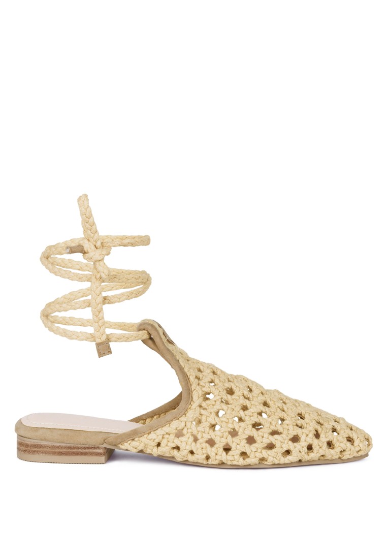 Nude Handwoven Honeycomb Cotton Tie Up Mule Flats
