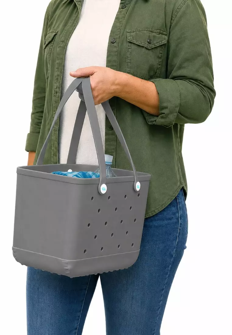 Heavy-Duty Waterproof EVA Rubber Tote Bag Utility Grocery Bag Washable Beach Bag - Stone