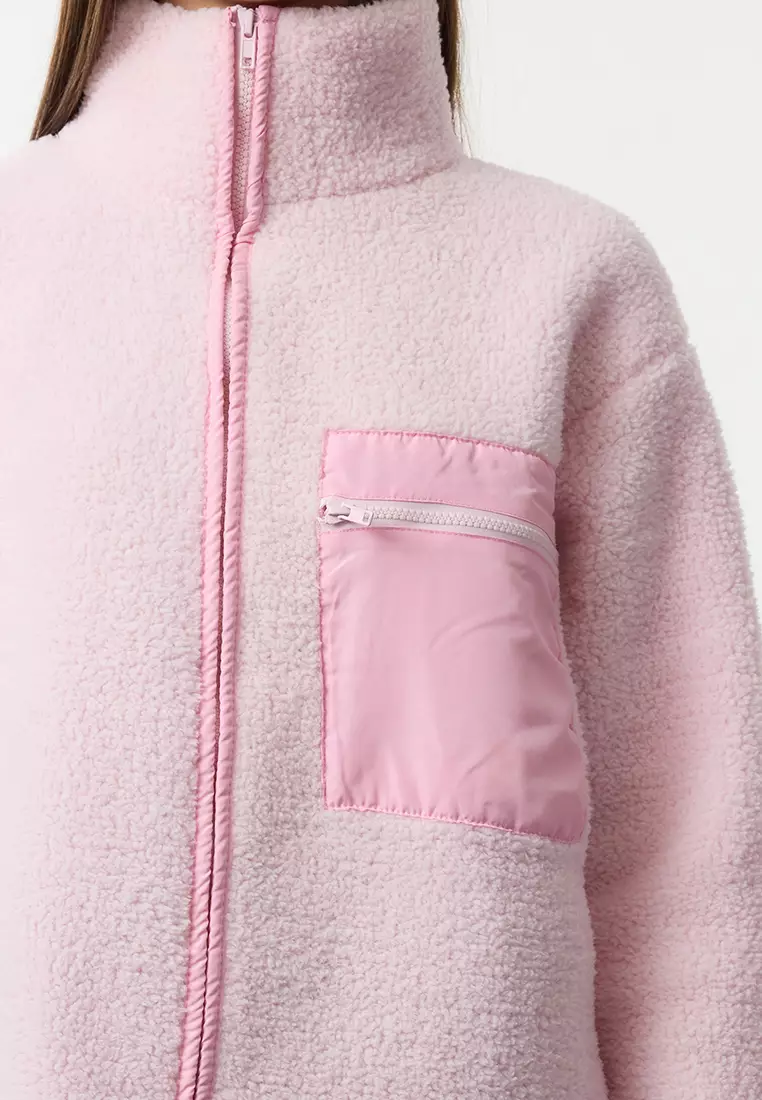 Winter Essentials Light Pink Thick Fleece Zipper Stand Collar Pocket Knitted Sweatshirt Twoaw24Sw00071
