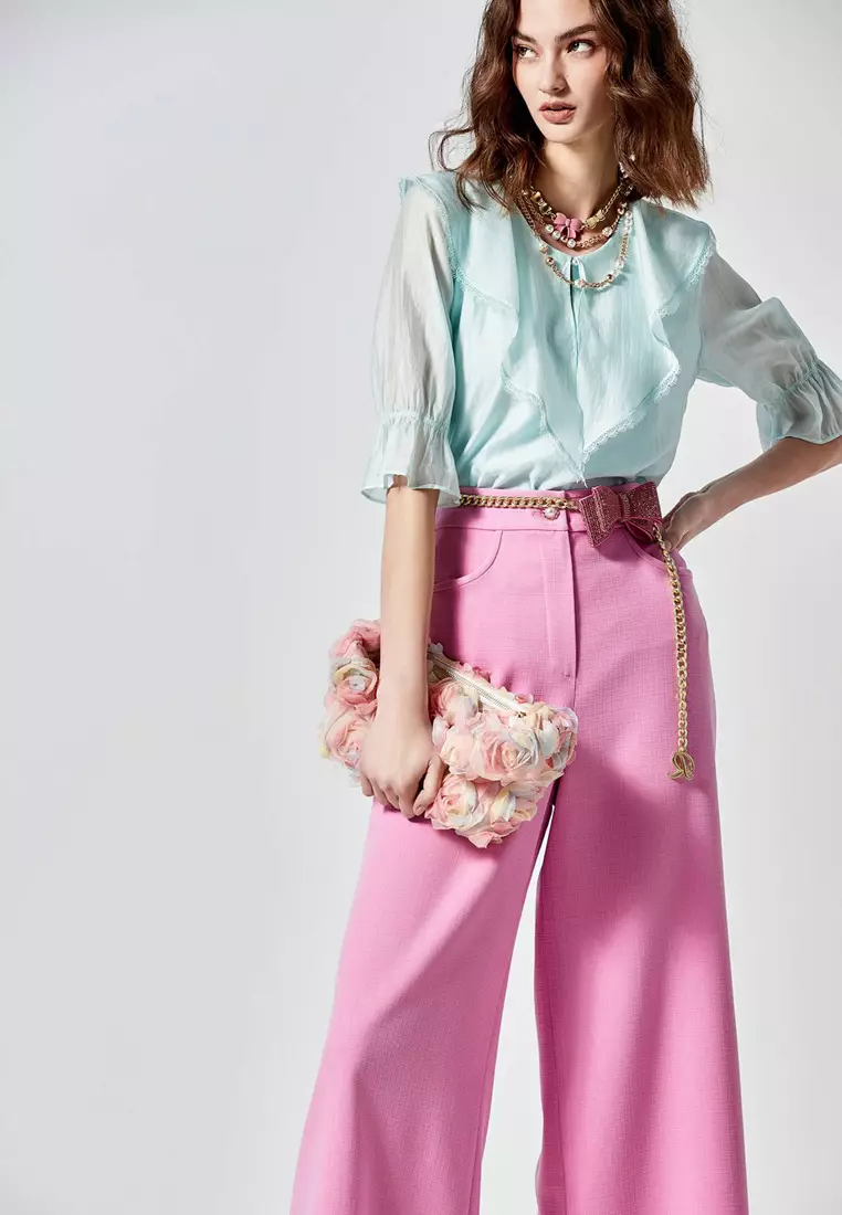 Pink Wide Leg Pants With Floral Embroidery Detail